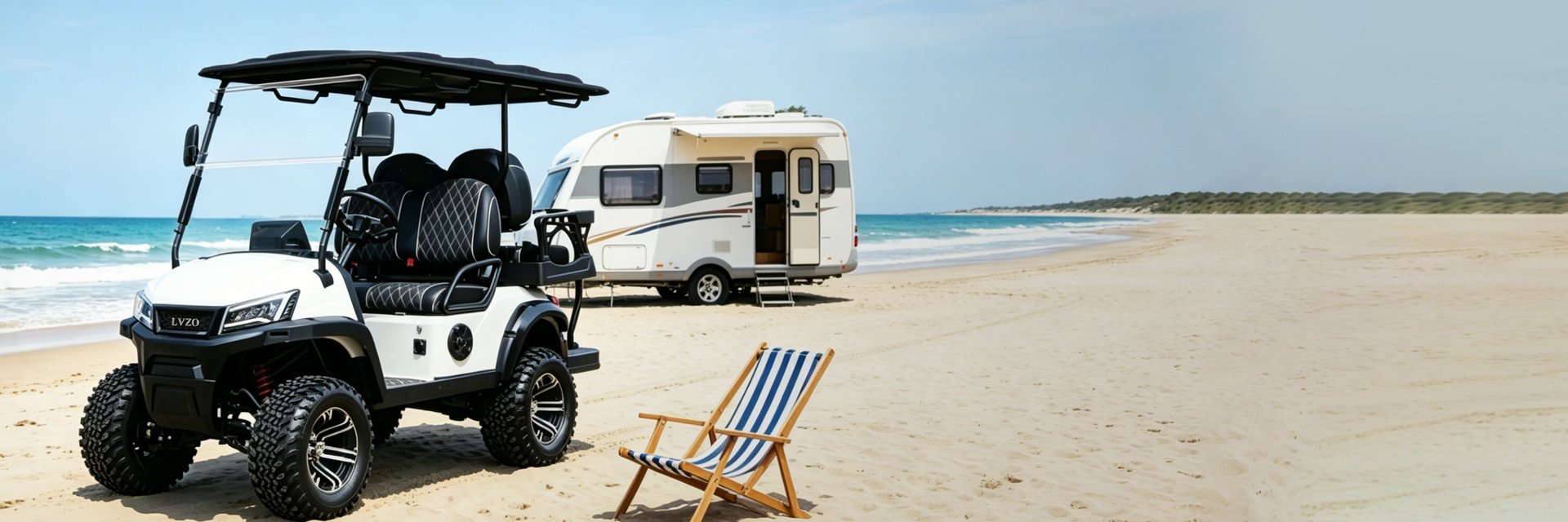 Lifted electric golf buggy for beach and RV park transport with off-road tires