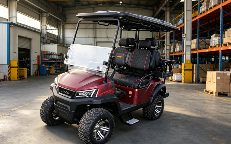 Red electric utility vehicle for industrial warehouse transport
