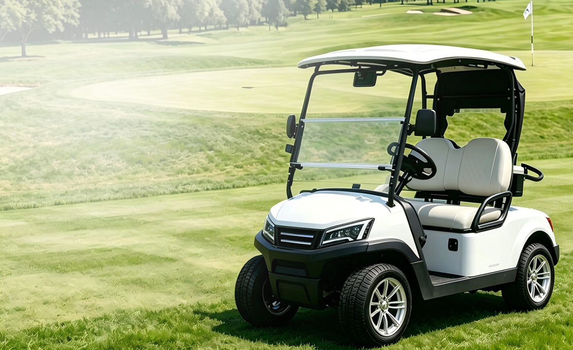 LSV 2 seater golf course vehicle with GPS, golf bag rack and independent suspension