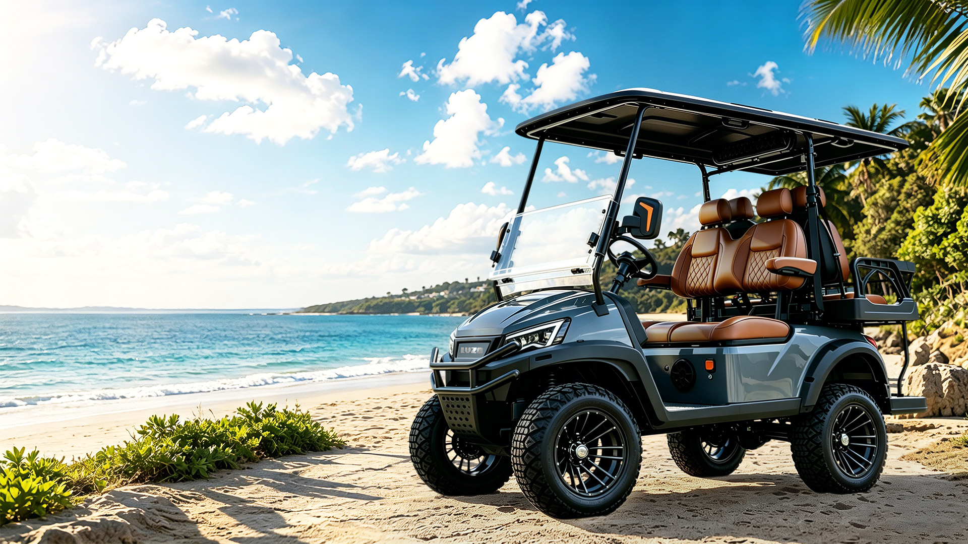 Premium lithium electric golf cart with custom LED logo for beach resort transport