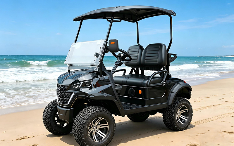 Lifted off-road golf buggy for beach and RV park recreation