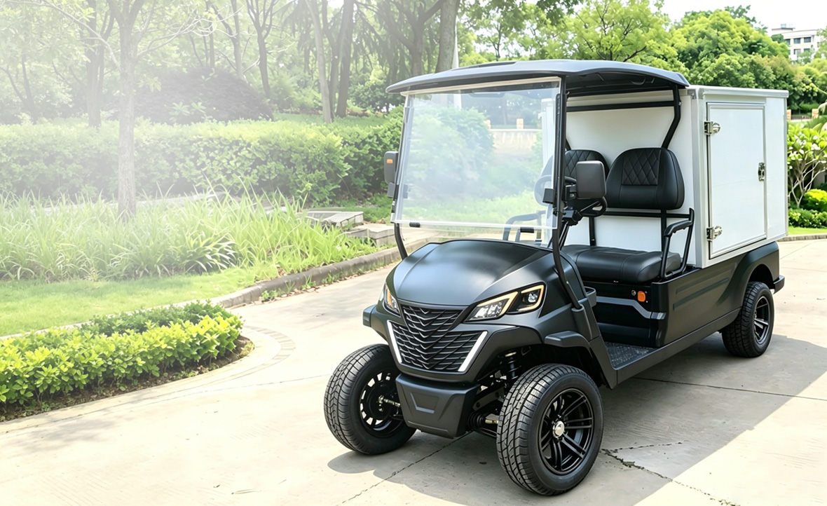 Electric utility golf vehicle with cargo box for housekeeping and ambulance use